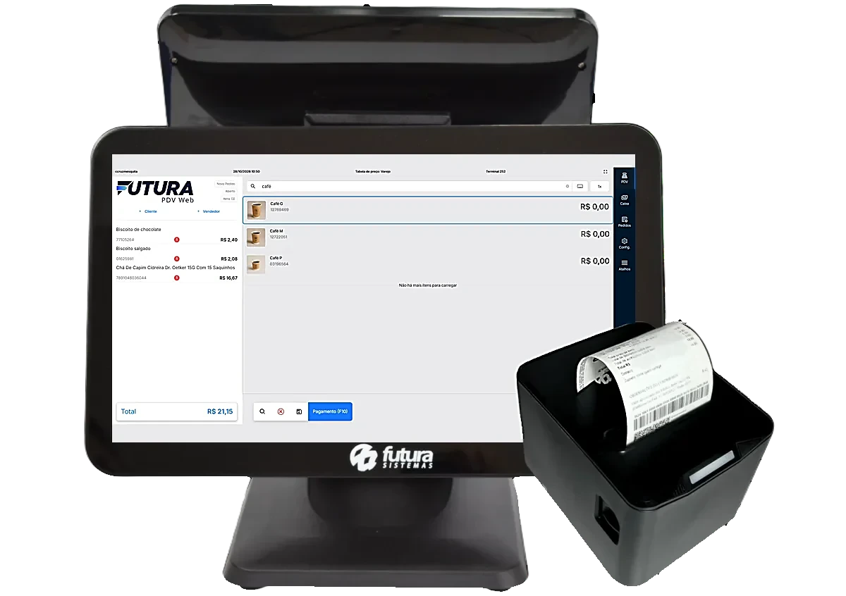 Futura PDV Online em monitor touch de caixa com impressora de cupom fiscal